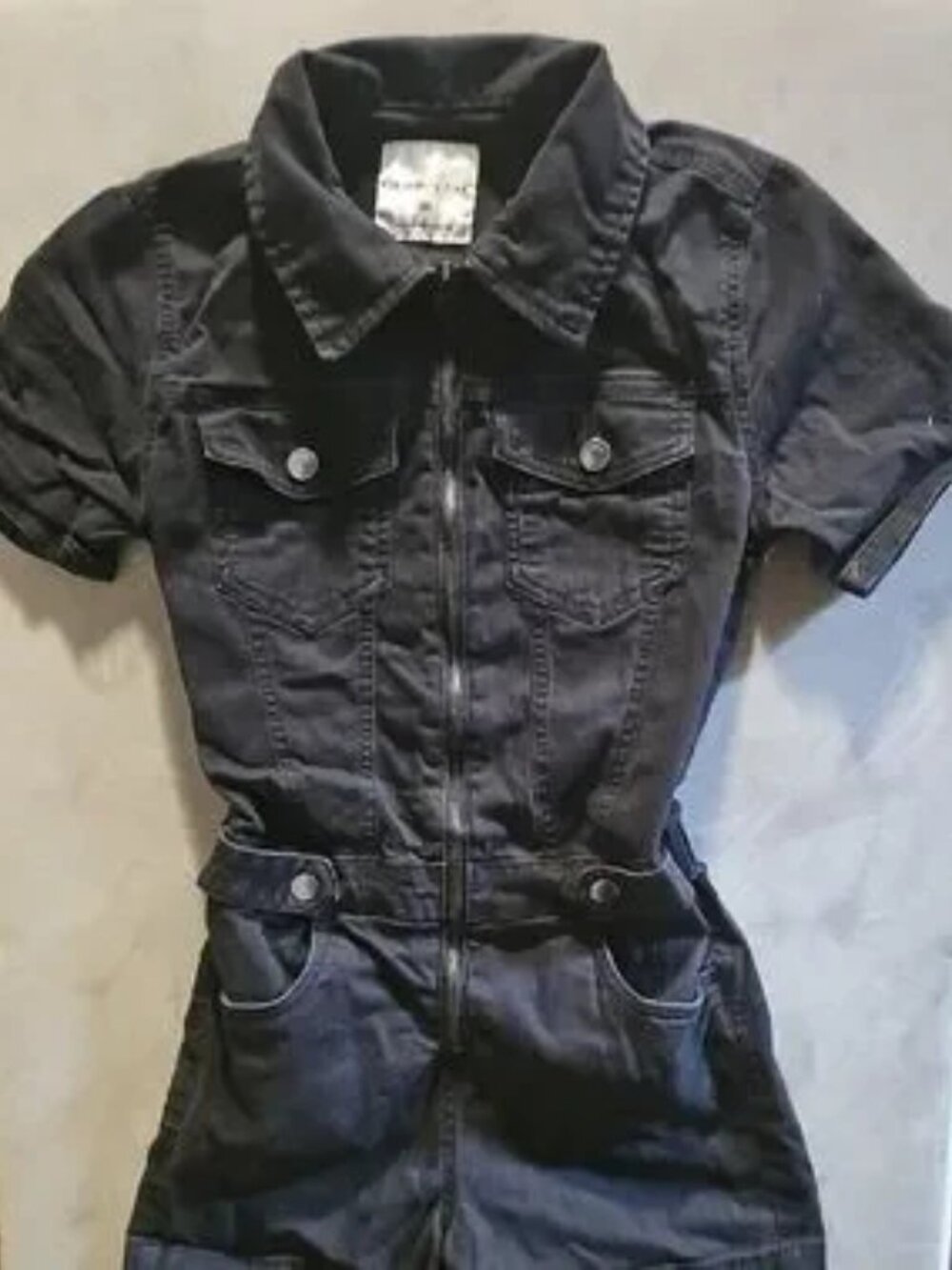Black Short-Sleeve Denim Romper Jumpsuit